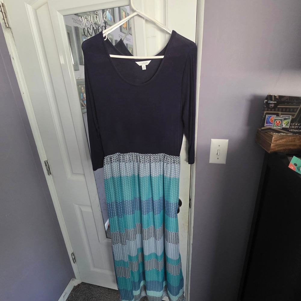 Charming Charlie Navy Blue Teal Chevron Maxi Dress 3/4 Sleeve Medium